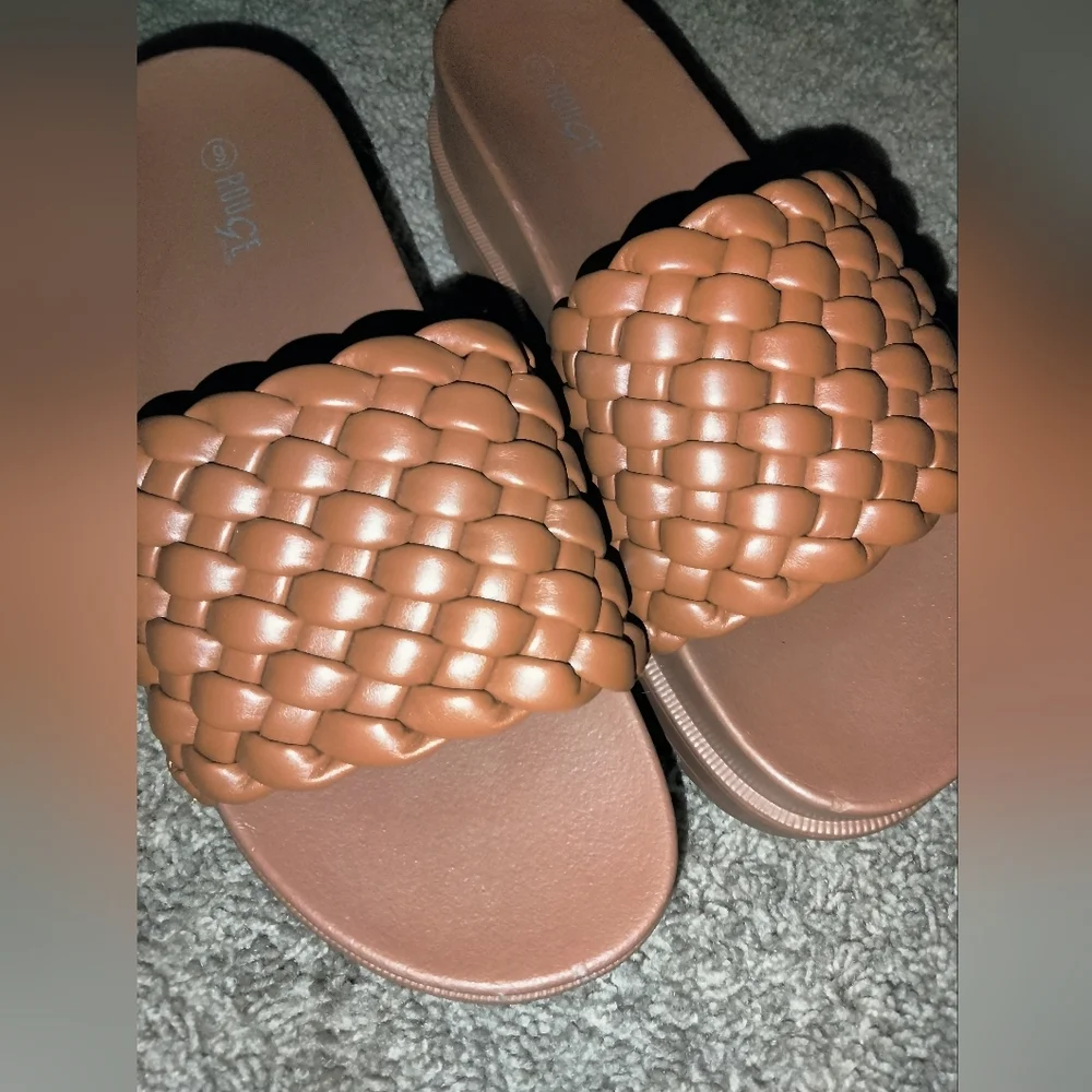 Rouge (Size 9) Camel Brown Faux Leather Braided Weave Platform Slip-on Sandals